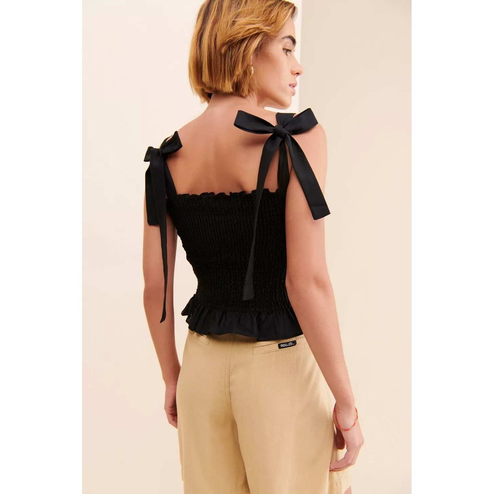 Kourt Black Smocked Linen Blend Tie Shoulder Peplum Little Black Top XS‎ - Picture 3 of 10